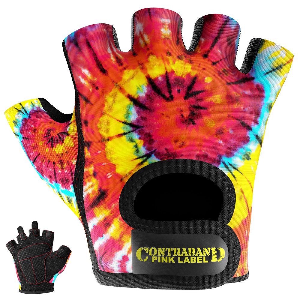Contraband Pink Label 5347 Womens Designer Workout Gloves | Tie Dye Print w/Grip-Lock Silicone Palm (Medium, Rainbow)