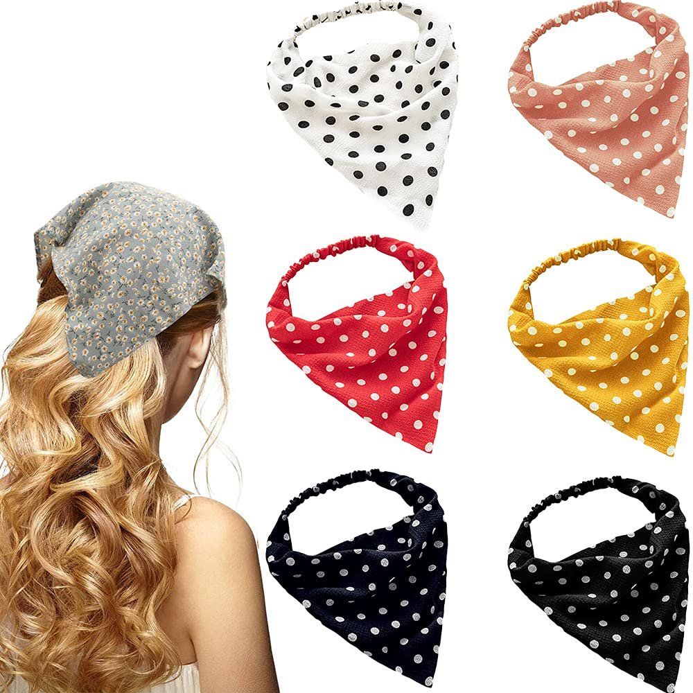 DINPREY Elastic Hair Scarf Headbands Hair Bandanas Scarf Polka Dot Head Kerchief Headbands for Women Girls (6 Colors Set B)