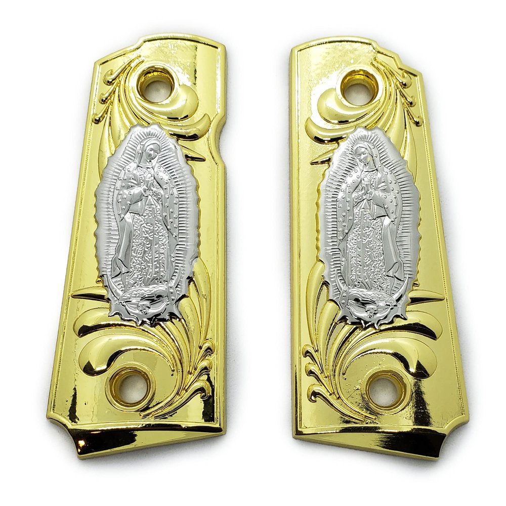 1911 Metal Grips, Screw Included, Compact/Officer Virgin Mary Lady of Guadalupe, with Ambi Safety Cut Gold Plated