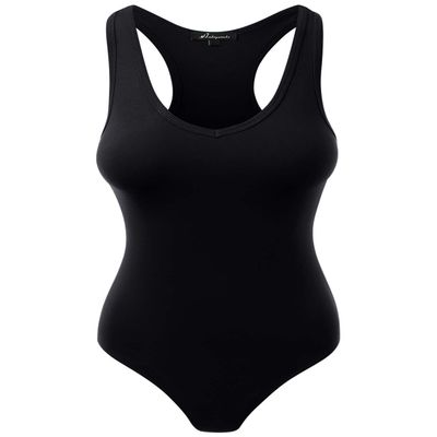 Racerback Tank Top Bodysuits Sleeveless Sexy V-Neck Cotton Jumpsuits Black 1X