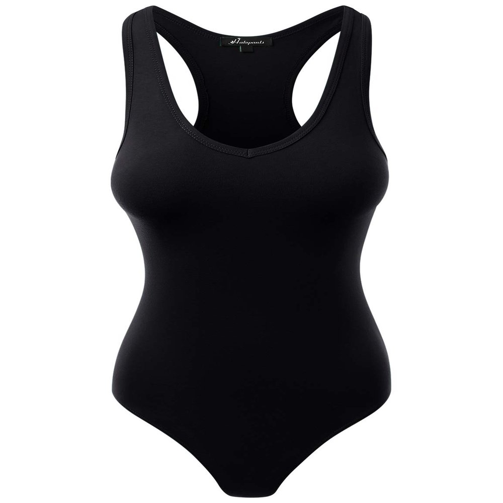Racerback Tank Top Bodysuits Sleeveless Sexy V-Neck Cotton Jumpsuits Black 1X