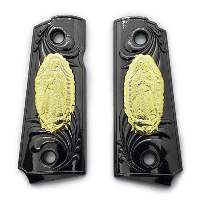 1911 Metal Grips, Screw Included, 1911 Compact/Officer Virgin Mary Lady of Guadalupe, with Ambi Safety Cut Black Gold