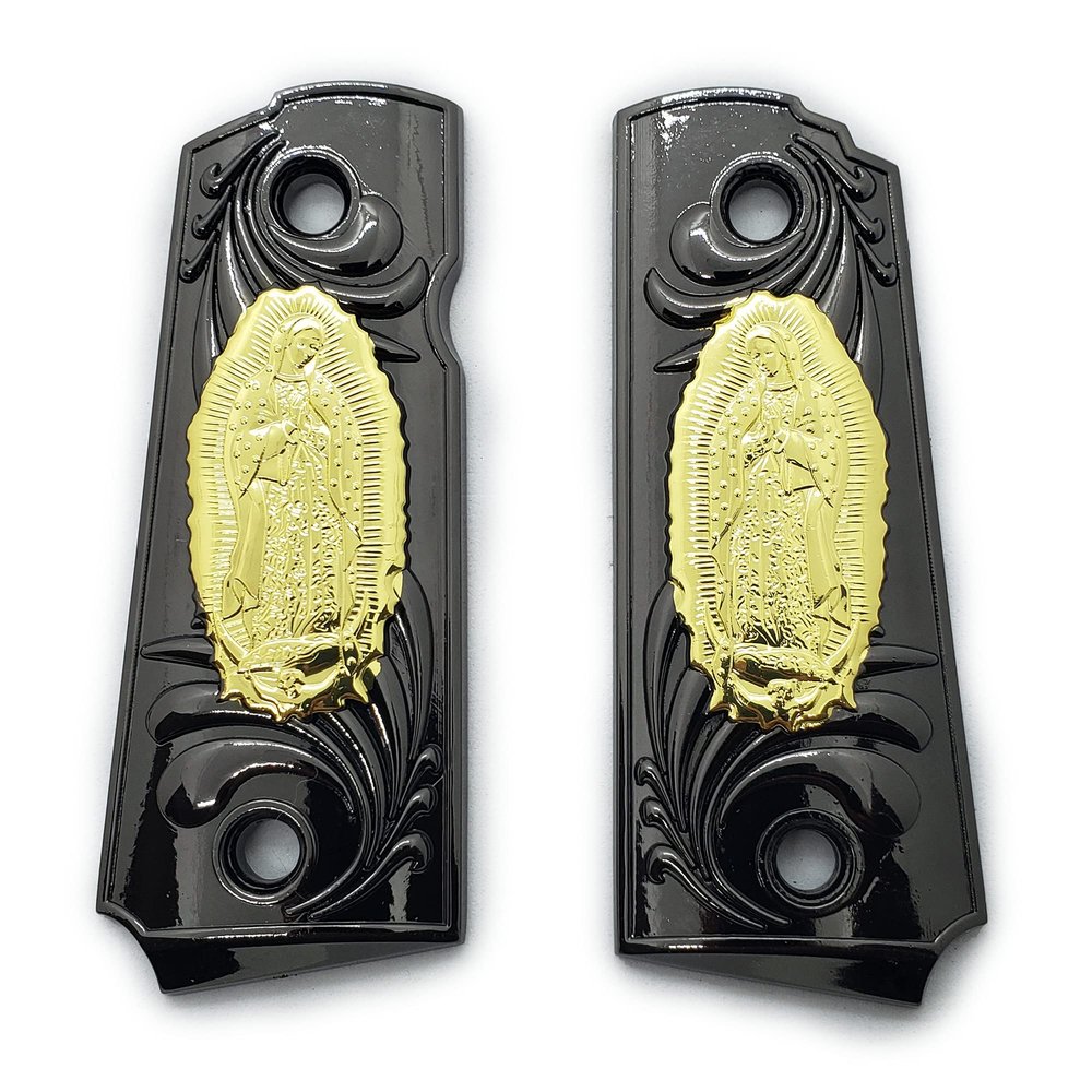 1911 Metal Grips, Screw Included, 1911 Compact/Officer Virgin Mary Lady of Guadalupe, with Ambi Safety Cut Black Gold