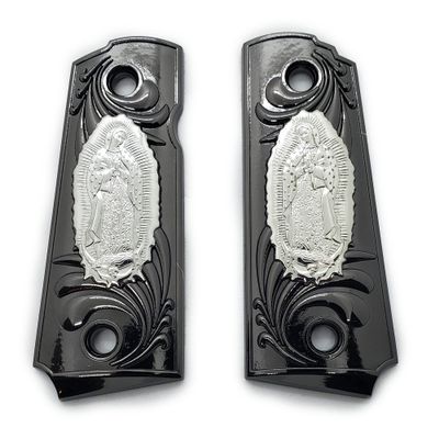 1911 Metal Grips, Screw Included, 1911 Compact/Officer Virgin Mary Lady of Guadalupe, with Ambi Safety Cut Black Nickel