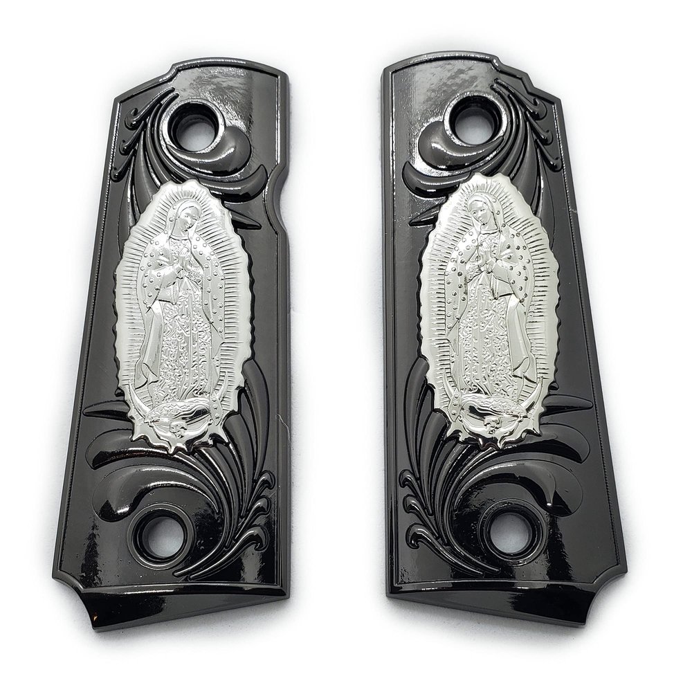 1911 Metal Grips, Screw Included, 1911 Compact/Officer Virgin Mary Lady of Guadalupe, with Ambi Safety Cut Black Nickel