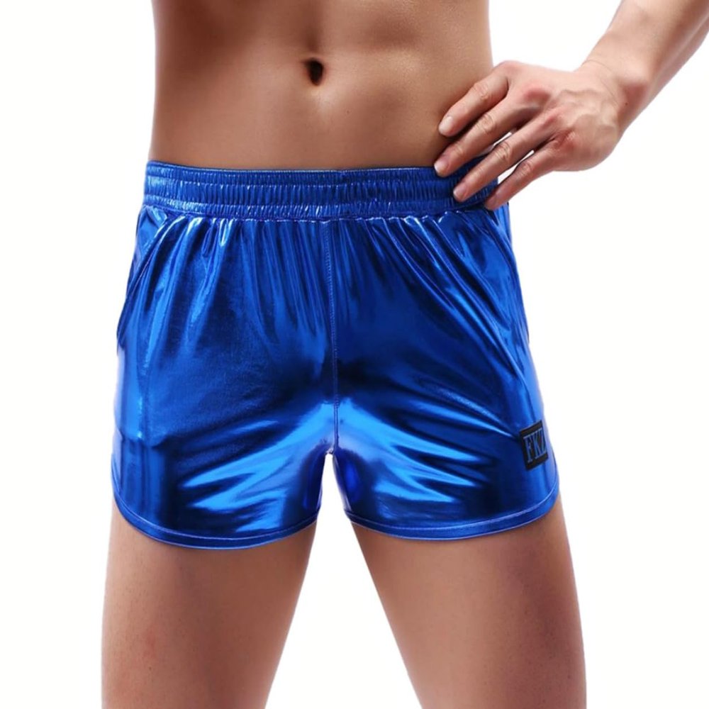 ABAFIP Men's Soft Stretchy Holographic Shiny Metallic Swim Boxer Briefs Trunks Shorts Hot Pants Bikini Swimsuit Stage Clubwear Blue Large