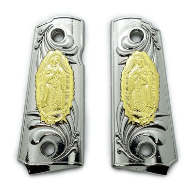 1911 Metal Grips, Screw Included, Compact/Officer Virgin Mary Lady of Guadalupe, with Ambi Safety Cut Nickel