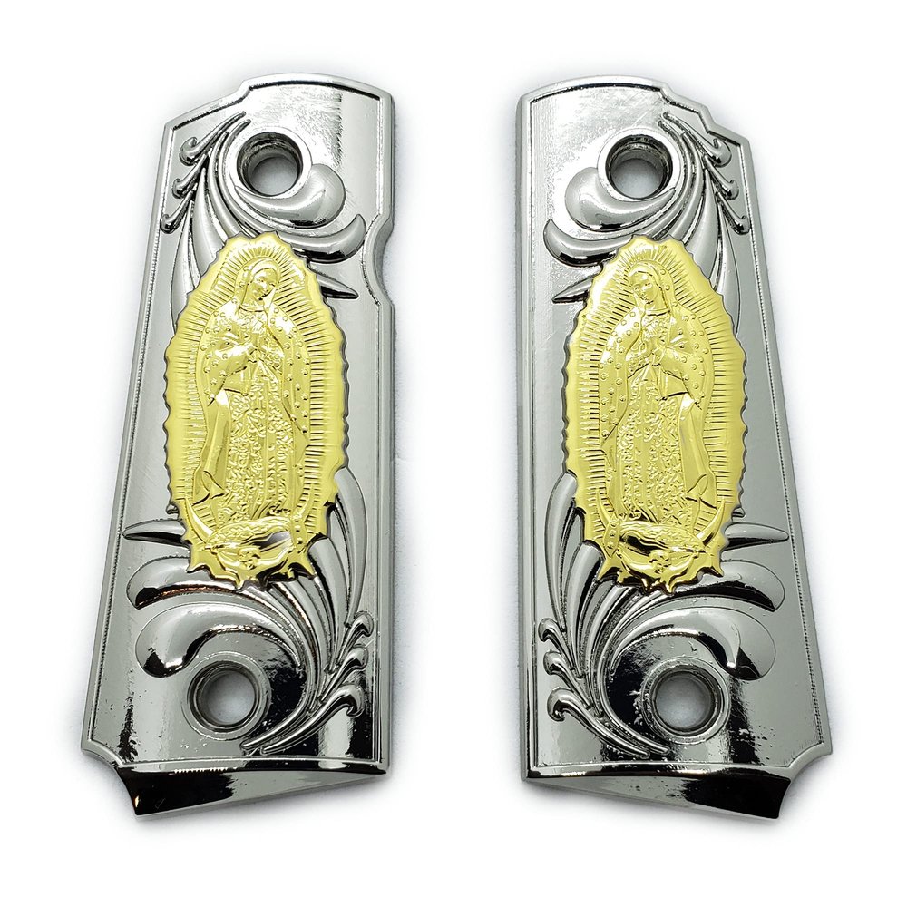 1911 Metal Grips, Screw Included, Compact/Officer Virgin Mary Lady of Guadalupe, with Ambi Safety Cut Nickel