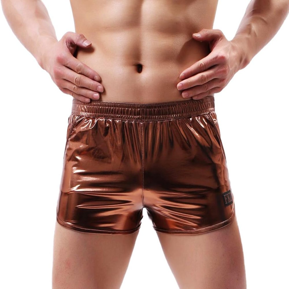 ABAFIP Men's Soft Stretchy Holographic Shiny Metallic Swim Boxer Briefs Trunks Shorts Hot Pants Bikini Swimsuit Stage Clubwear Coffee Medium