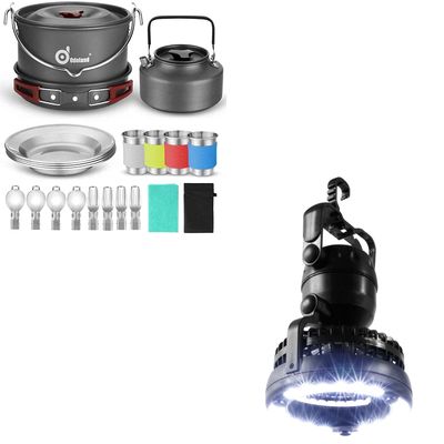 Odoland Bundle 2 Items 22pcs Camping Cookware Mess Kit and Portable LED Camping Lantern with Ceiling Fan