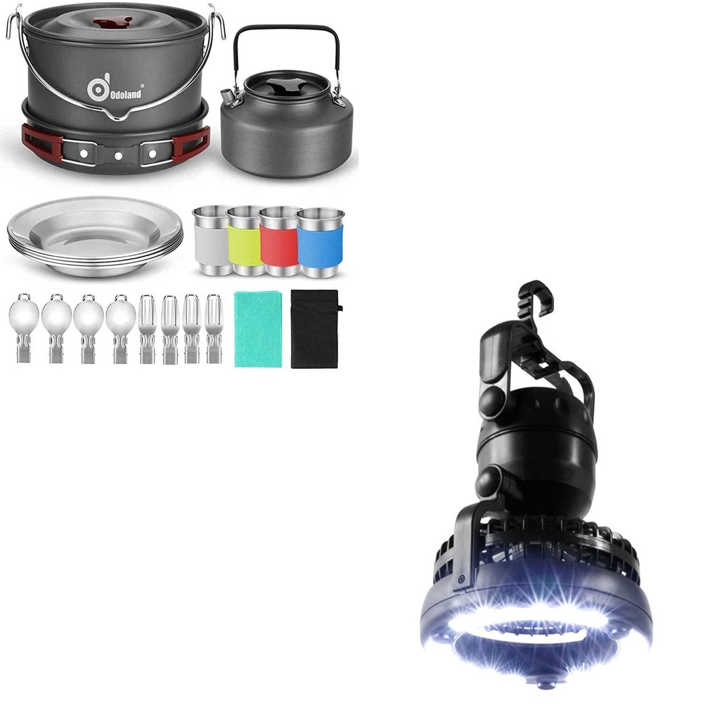 Odoland Bundle 2 Items 22pcs Camping Cookware Mess Kit and Portable LED Camping Lantern with Ceiling Fan