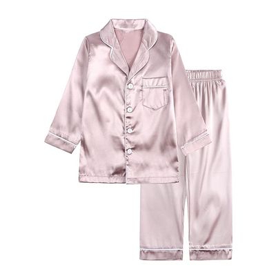 MYGBCPJS 2Pcs Boys Girls Satin Pajamas Set Long Sleeve Classic Silk Pjs Sleepwear Button-Down Top + Pants Loungewear