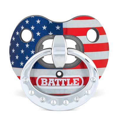 Battle Sports Binky Oxygen Football Mouthguard - Detachable Strap, Maximum Breathability, Works with Braces & No Boiling Required - Chrome Red, White, Blue