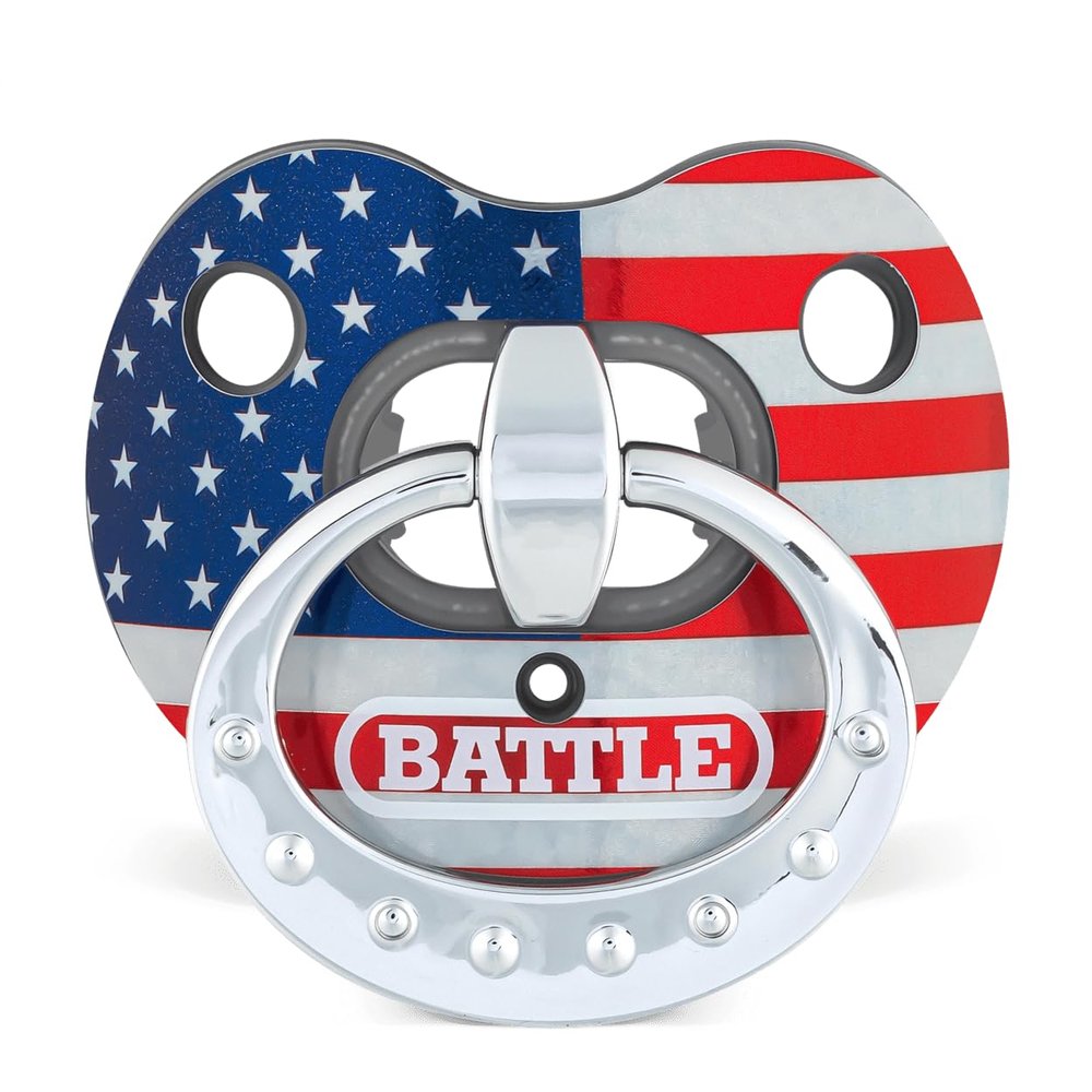 Battle Sports Binky Oxygen Football Mouthguard - Detachable Strap, Maximum Breathability, Works with Braces & No Boiling Required - Chrome Red, White, Blue