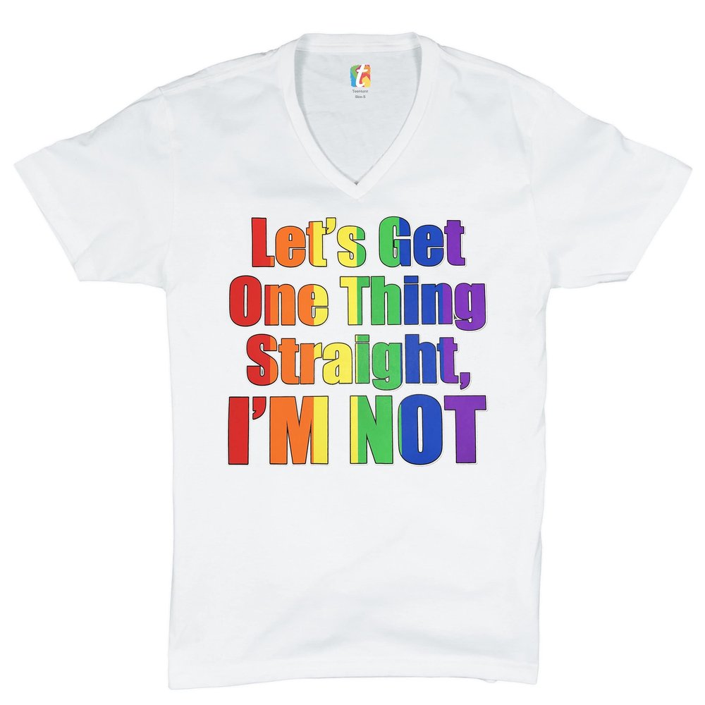 Let's Get One Thing Straight, I'm Not V-Neck T-Shirt LGBT Gay Rainbow Tee White Small