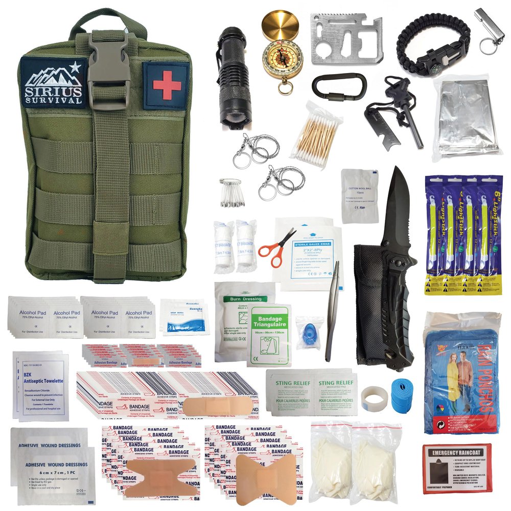 Sirius Survival Premium 250 Piece Molle Survival & First Aid Kit - Outdoor Emergency Gear & Trauma Bag for Camping Hiking Hunting Car Cabin and Other Adventures (Olive Drab)