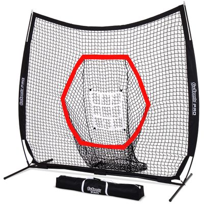 GoSports 7 ft x 7 ft Baseball & Softball Practice Hitting & Pitching Net with Bow Type Frame, Carry Bag and Strike Zone, Great for All Skill Levels