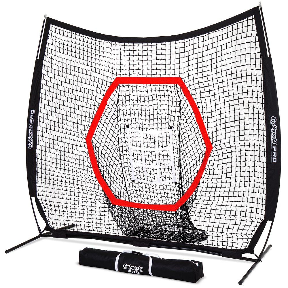 GoSports 7 ft x 7 ft Baseball & Softball Practice Hitting & Pitching Net with Bow Type Frame, Carry Bag and Strike Zone, Great for All Skill Levels