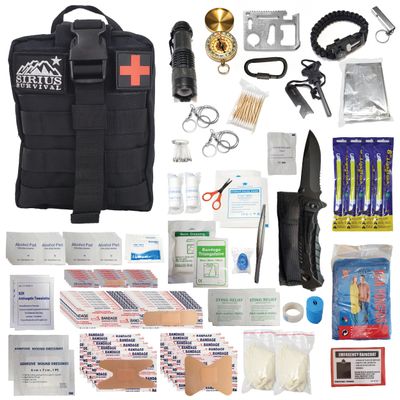 Sirius Survival Premium 250 Piece Molle Survival & First Aid Kit - Outdoor Emergency Gear & Trauma Bag for Camping Hiking Hunting Car Cabin and Other Adventures (Black)