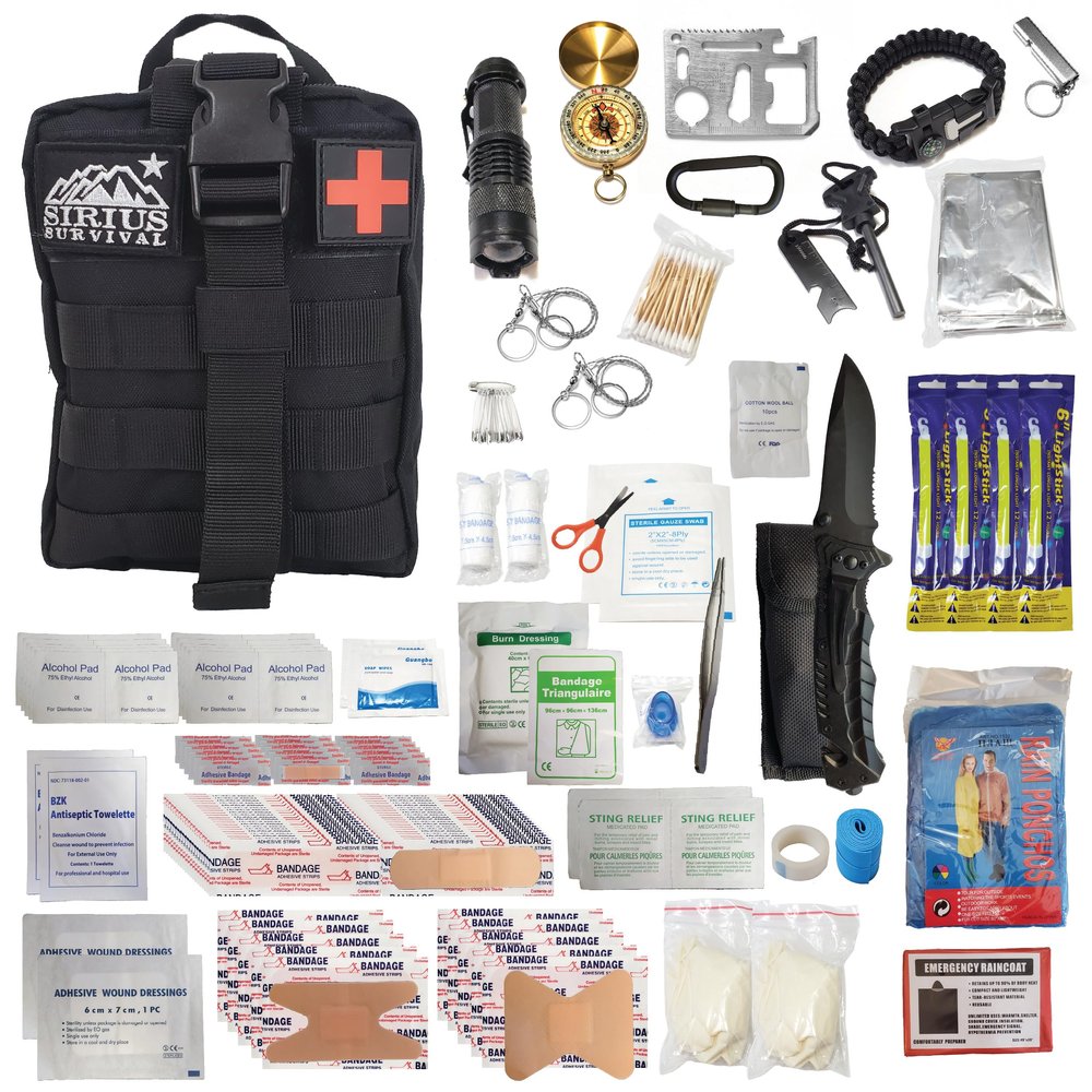Sirius Survival Premium 250 Piece Molle Survival & First Aid Kit - Outdoor Emergency Gear & Trauma Bag for Camping Hiking Hunting Car Cabin and Other Adventures (Black)