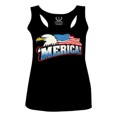 0055. Merica Eagle USA American Flag United States America Women's Tank Top Racerback (Black, X Small)