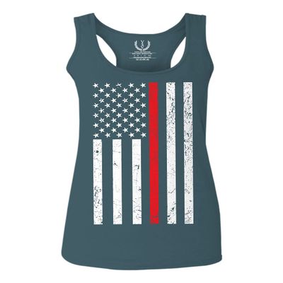 0059. American Flag Thin Red Line Firefighter Support Fireman Patriotic Style Women's Tank Top Racerback (Indigo Blue Large)