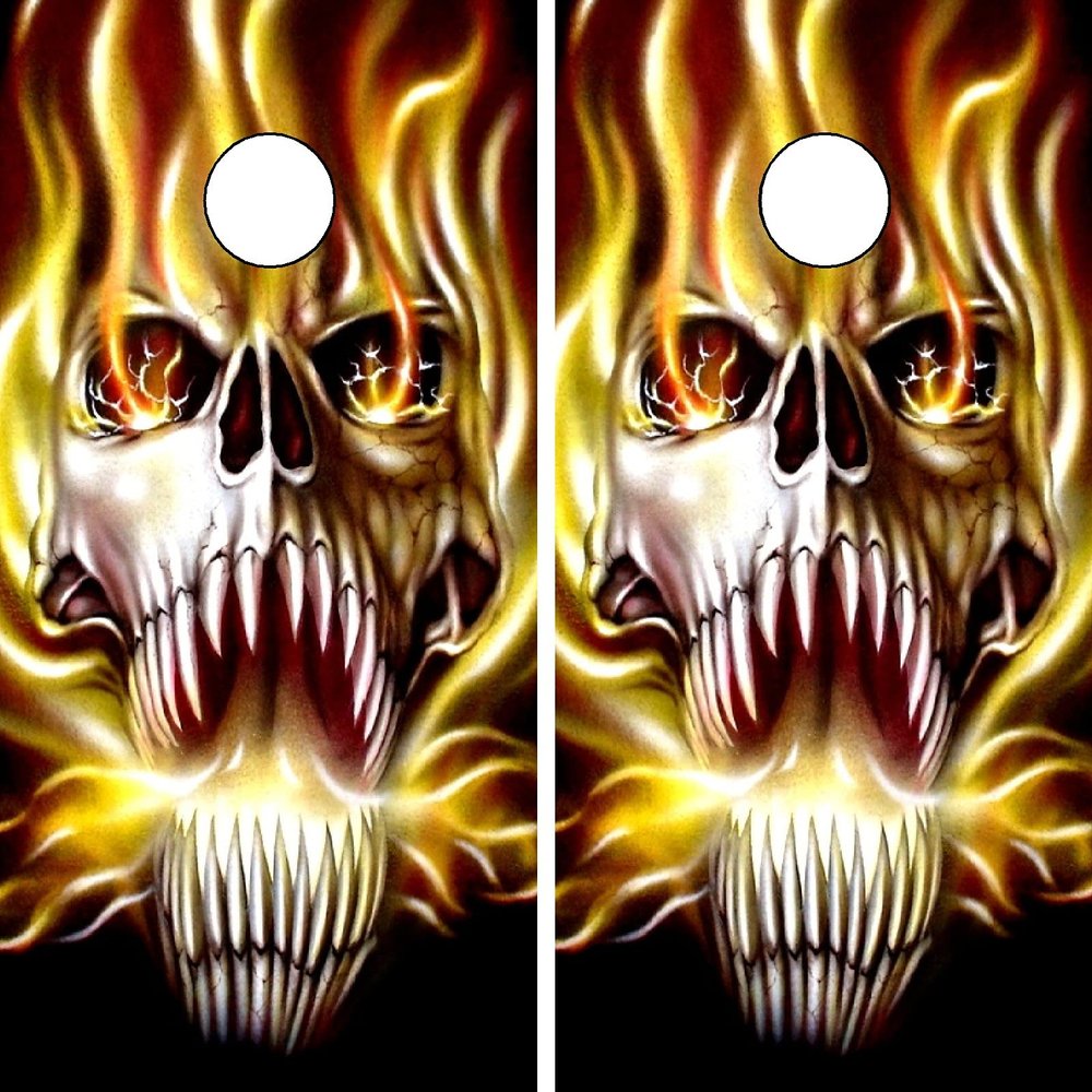 C25 Flaming Skull Cornhole Board WRAP Wraps Laminated Board Boards Decal Set Decals Vinyl Sticker Stickers Bean Bag Game Vinyl Graphic Tint Image
