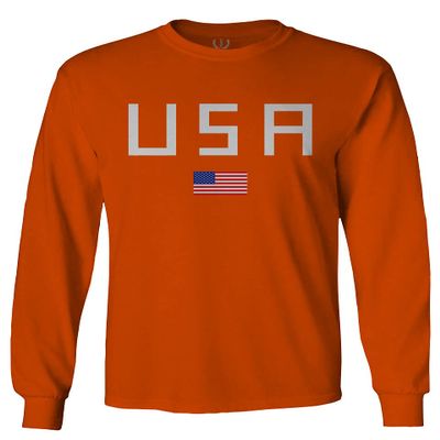 0065. USA American Flag United States of America Patriotic Military Style Men's Long Sleeve t Shirt (Orange Medium)