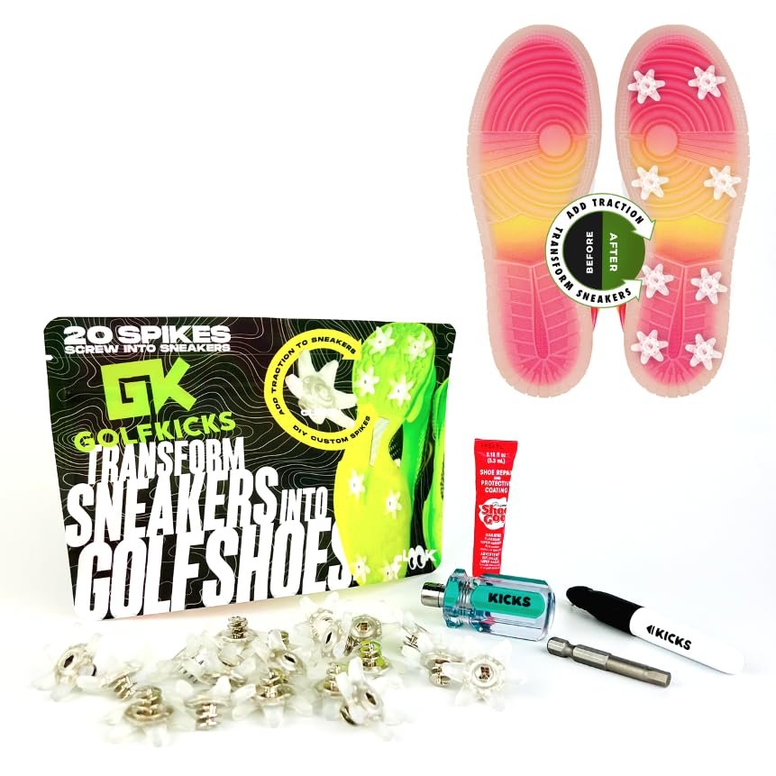 Golfkicks DIY Golf Shoe Spike Kit  Transform Your Sneakers into Golf Shoes  Fun Gift, Easy Project  Cleats Compatible with Flat Rubber Sole Shoes  Includes 20 Spikes and mounting Tools