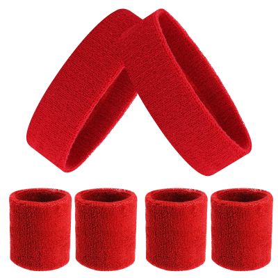 ASTER 6Pieces Red Sweatband Set, Sports Headband Wristband Set, Including 2Pcs Sports Headband and 4Pcs Sweat Wristband, Moisture Wicking Absorbing Red Sweat Band for Men and Women