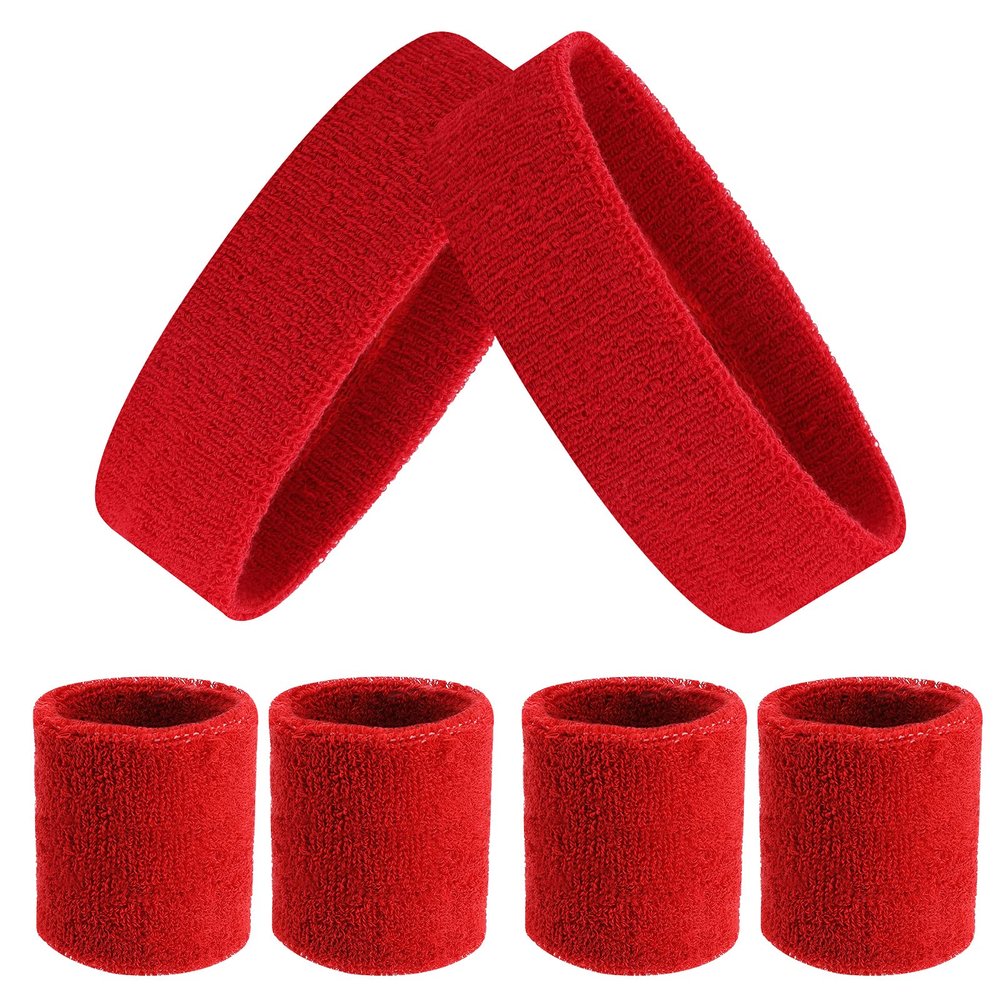 ASTER 6Pieces Red Sweatband Set, Sports Headband Wristband Set, Including 2Pcs Sports Headband and 4Pcs Sweat Wristband, Moisture Wicking Absorbing Red Sweat Band for Men and Women