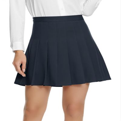 EXCHIC Women's High Waist Pleated Skater School Tennis Skirts (L, Navy Blue)