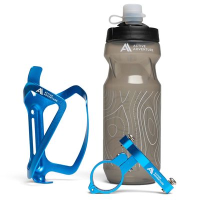 Bike Water Bottle Holder Combo - 20 Oz Squeeze Bottle & Bicycle Mount Cage Rack, No Screws Needed, Durable Alloy - Fits All Handlebar Bikes & MTB Mountain Road - for Adults, Kids (Blue)