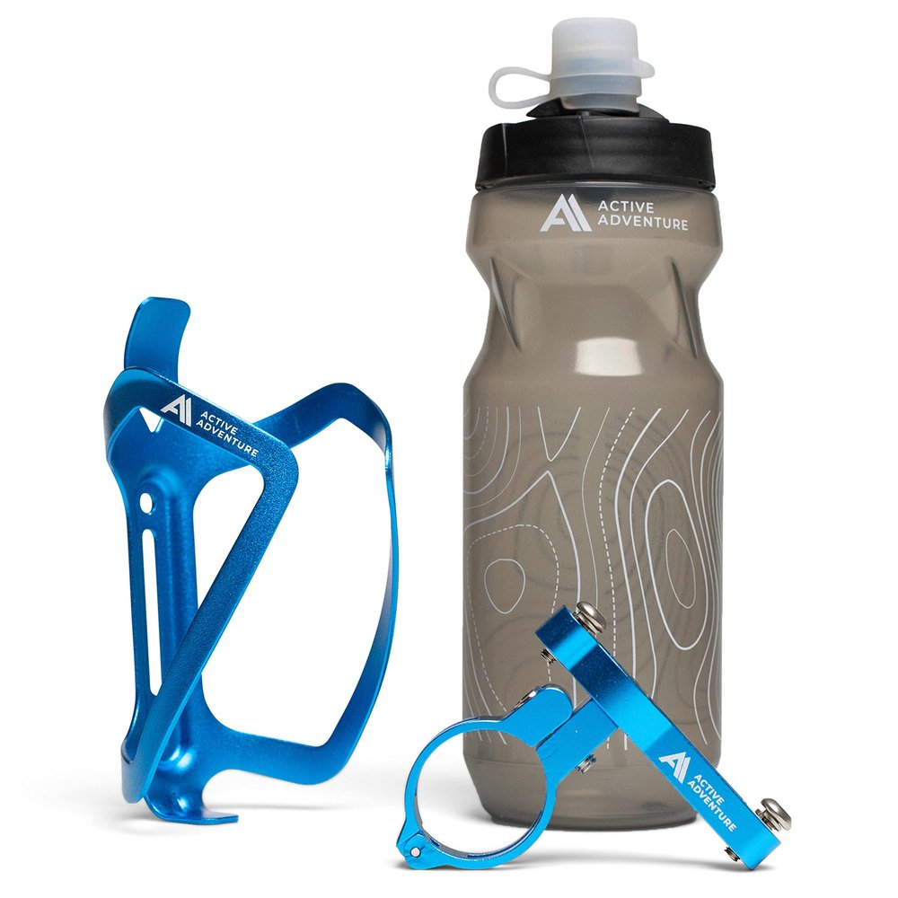 Bike Water Bottle Holder Combo - 20 Oz Squeeze Bottle & Bicycle Mount Cage Rack, No Screws Needed, Durable Alloy - Fits All Handlebar Bikes & MTB Mountain Road - for Adults, Kids (Blue)