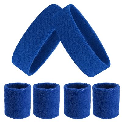 ASTER 6Pieces Blue Sweatband Set, Sports Headband Wristband Set, Including 2Pcs Sports Headband and 4Pcs Sweat Wristband, Moisture Wicking Absorbing Blue Sweat Band for Men and Women Sport Fitness