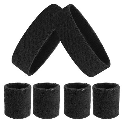 ASTER 6Pieces Black Sweatband Set, Sports Headband Wristband Set, Including 2Pcs Sports Headband and 4Pcs Sweat Wristband, Moisture Wicking Absorbing Black Sweat Band for Men and Women
