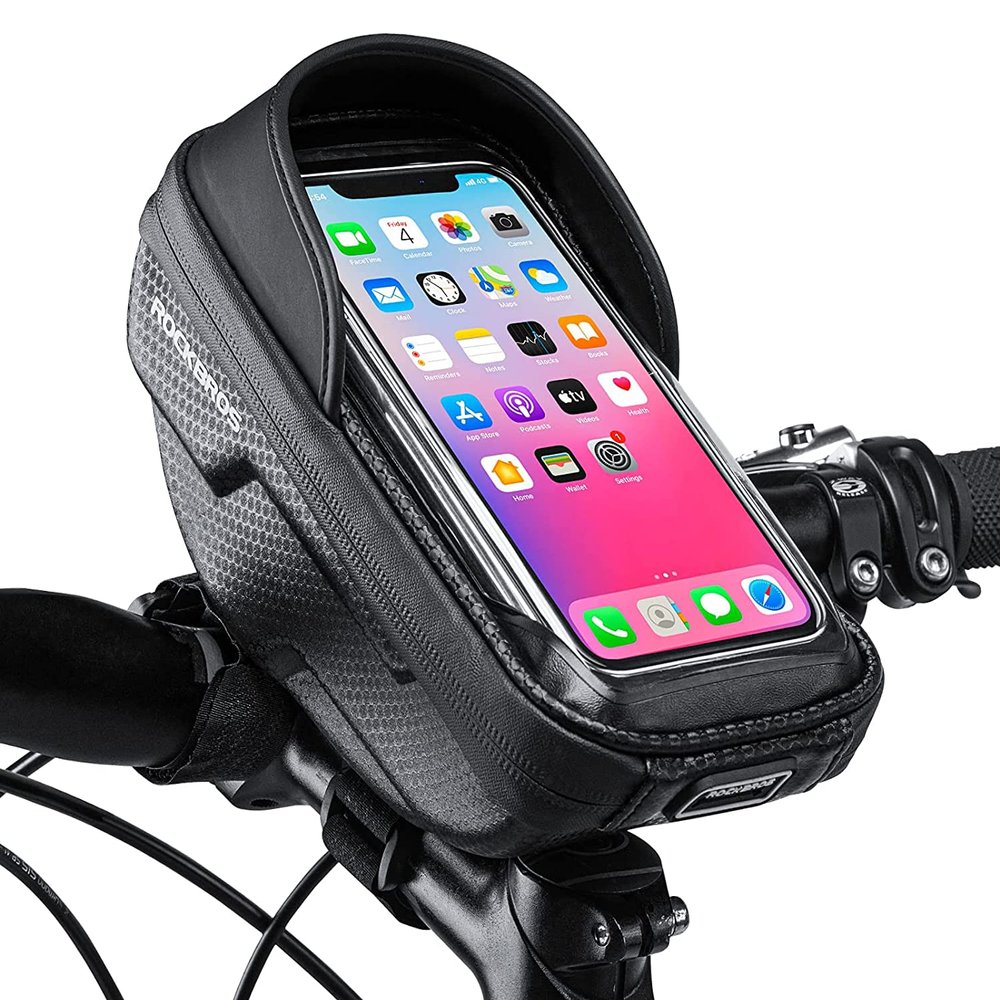 ROCKBROS Bike Phone Mount Bag Bike Front Frame Handlebar Bag Waterproof Bike Phone Holder Case Bicycle Accessories Pouch Sensitive Touch Screen Compatible with iPhone Below 6.5"