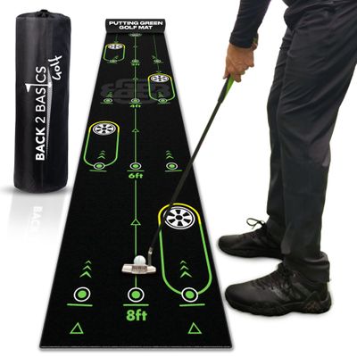 BACK 2 BASICS Golf Portable Putting Green Indoor Golf Putting Mat 10ft Black, Alignment Aid Trainer for Practice Indoor and Outdoor, Home or Office Compact Roll Target Gate Precision Control Tool