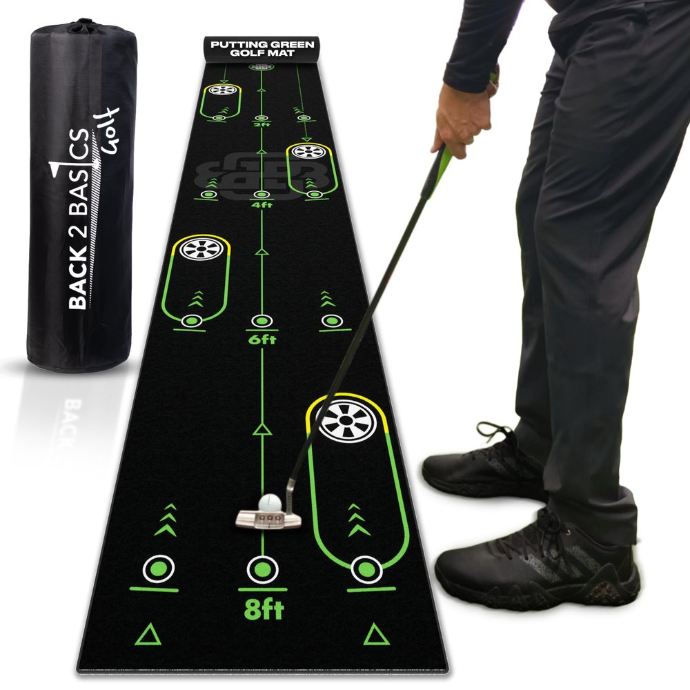 BACK 2 BASICS Golf Portable Putting Green Indoor Golf Putting Mat 10ft Black, Alignment Aid Trainer for Practice Indoor and Outdoor, Home or Office Compact Roll Target Gate Precision Control Tool