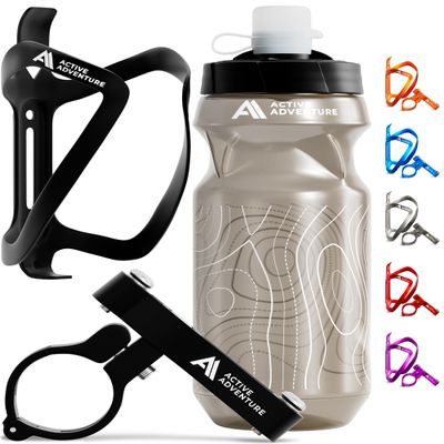 Bike Water Bottle Holder Combo - 20 Oz Squeeze Bottle & Bicycle Mount Cage Rack, No Screws Needed, Durable Alloy - Fits All Handlebar Bikes & MTB Mountain Road - for Adults, Kids (Black)