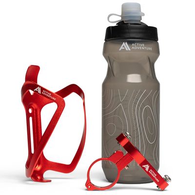 Bike Water Bottle Holder Combo - 20 Oz Squeeze Bottle & Bicycle Mount Cage Rack, No Screws Needed, Durable Alloy - Fits All Handlebar Bikes & MTB Mountain Road - for Adults, Kids (Red)