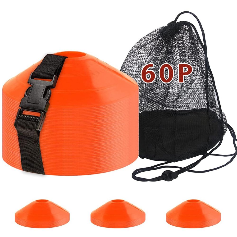 60PCS Soccer Cones with Strap Carry Bag Agility Disc Cones Soccer Training Cones, Field Marker Sport Training Cones for Challenge Football Basketball Skating Kids Games Outdoor Indoor (Orange)