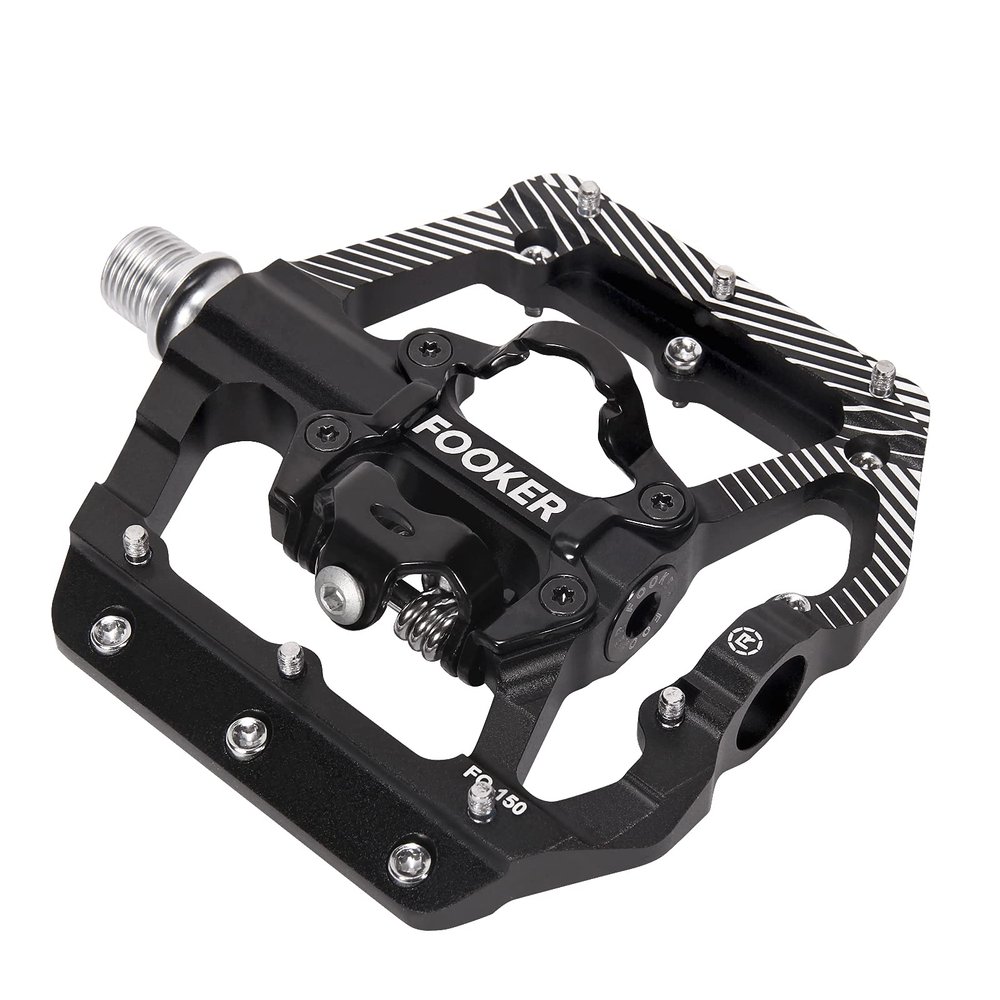 FOOKER MTB Mountain Bike Pedals 3 Bearing Flat Platform Compatible with Dual Function Sealed Clipless Aluminum 9/16" Pedals with Cleats for Road