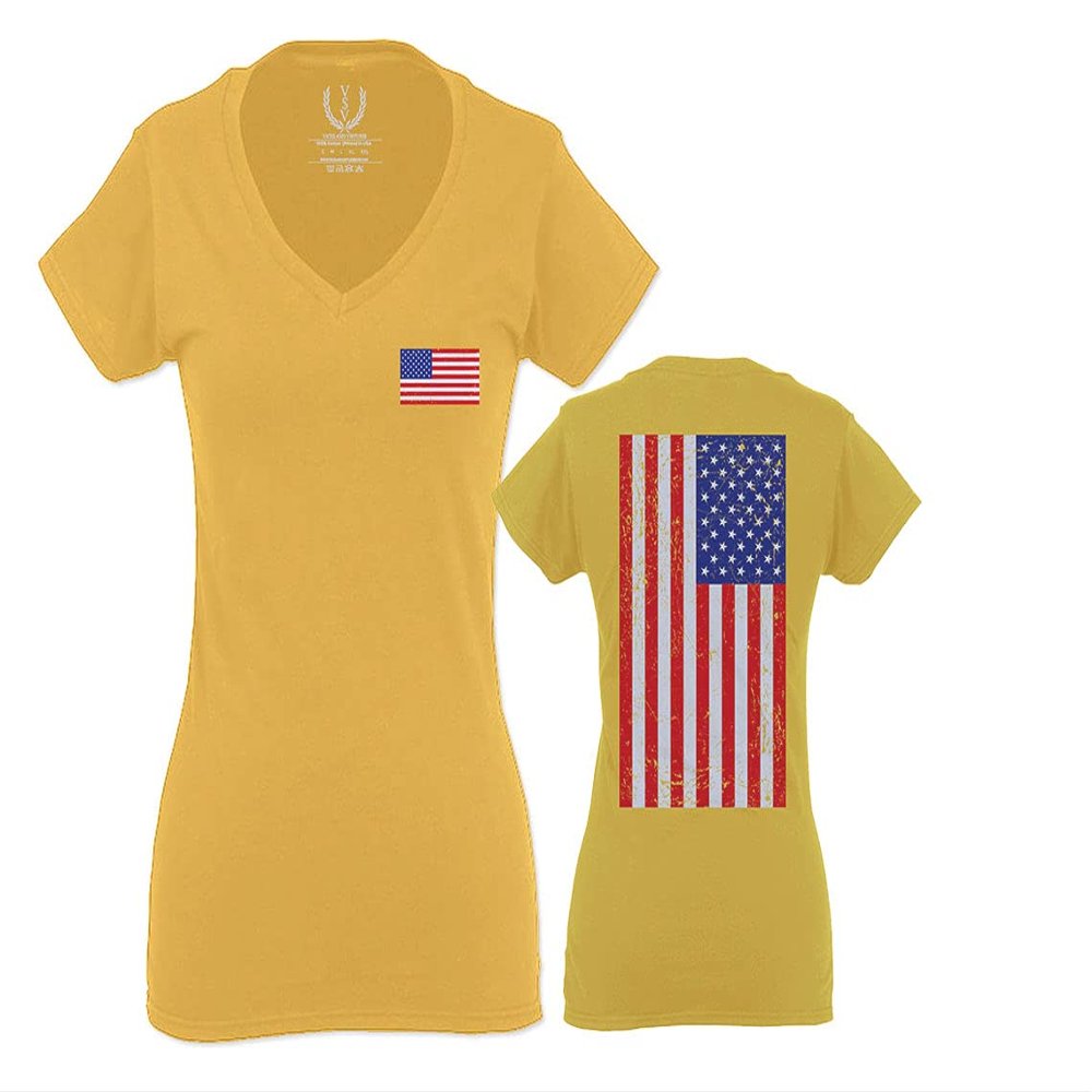 0072. Vintage American Flag United States Graphic USA 4th of July Memorial Military Patriotic Style for Women V Neck Fitted T Shirt (Gold X Small)