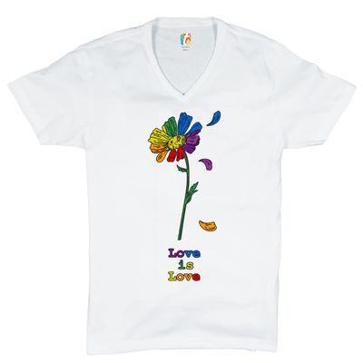 Love is Love V-Neck T-Shirt Rainbow Flower LGBT Acceptance Gay Pride Tee White Small