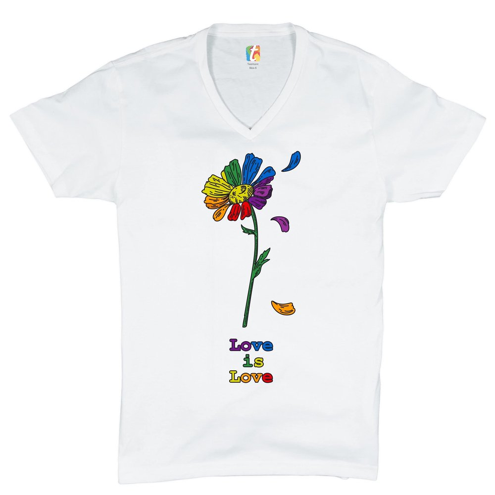 Love is Love V-Neck T-Shirt Rainbow Flower LGBT Acceptance Gay Pride Tee White Small