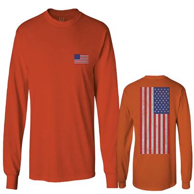 0072. Vintage American Flag United States Graphic USA 4th of July Memorial Military Patriotic Style Men's Long Sleeve t Shirt (Orange 2X Large)