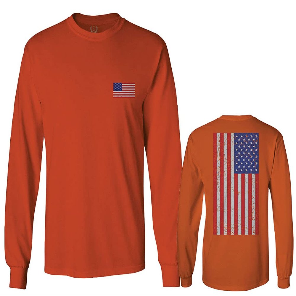 0072. Vintage American Flag United States Graphic USA 4th of July Memorial Military Patriotic Style Men's Long Sleeve t Shirt (Orange 2X Large)