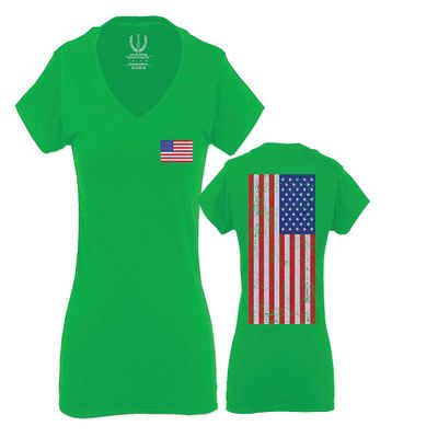 0072. Vintage American Flag United States Graphic USA 4th of July Memorial Military Patriotic Style for Women V Neck Fitted T Shirt (Irish GreenX Small)