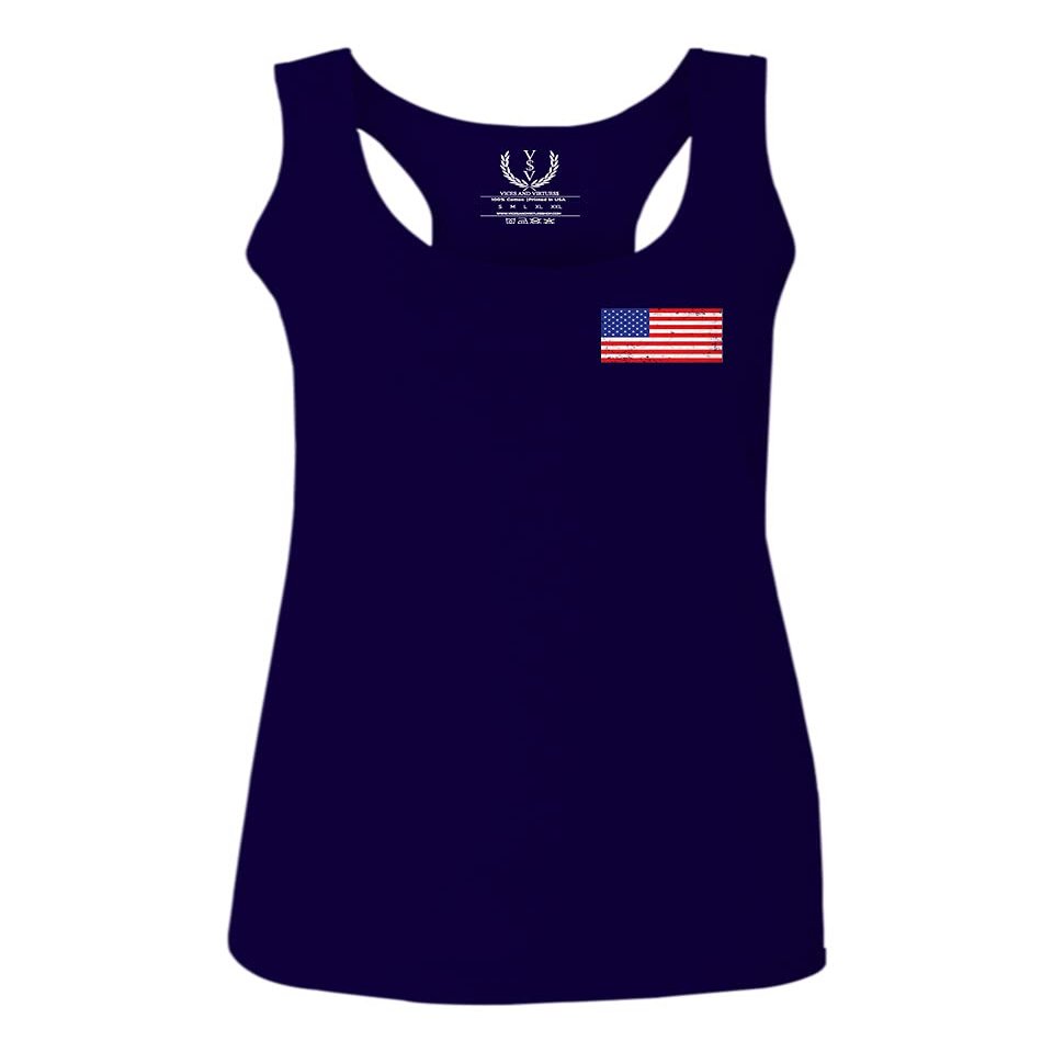 0072. Vintage American Flag United States Graphic USA 4th of July Memorial Military Patriotic Style Women's Tank Top Racerback (Navy Blue, X Small)